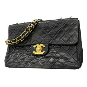 Chanel Shoulder Bag, Large Matelassé, Double Chain, Lambskin, Black, Women's